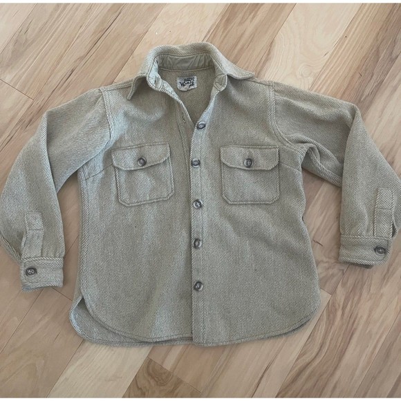 Woolrich Wool Shirt Jacket Thick Flannel Schacket Tan Beige Button Up Vintage L - Picture 2 of 11